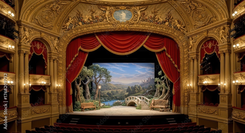 Obraz premium Ornate theater stage with scenic landscape and red curtains