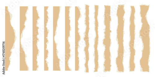 Ripped paper with torn edges on white background. Pieces of teared sheet for frame and template design. Textured cutout shapes for collage and banner. Rough stripes for scrapbooking. Vector set