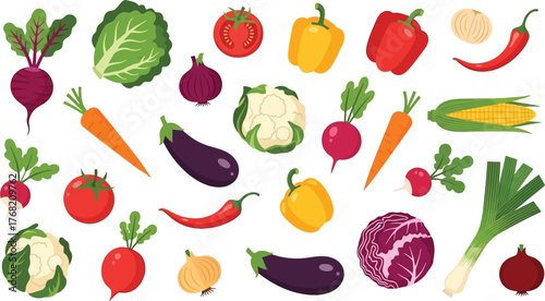 Vibrant assortment of fresh vegetables and produce scattered on a white background