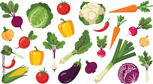 Vibrant assortment of fresh organic vegetables arranged in a colorful collection on a white background