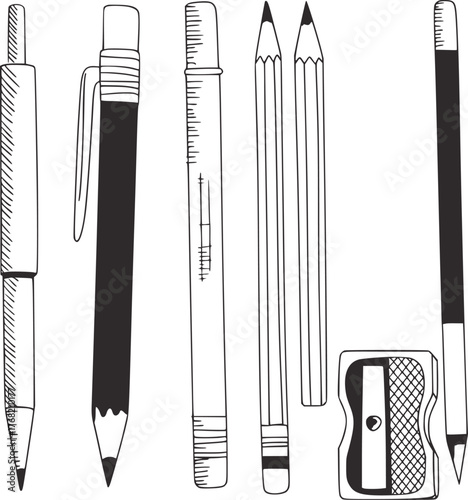 Black and white drawing of writing instruments and sharpener illustration writing tools