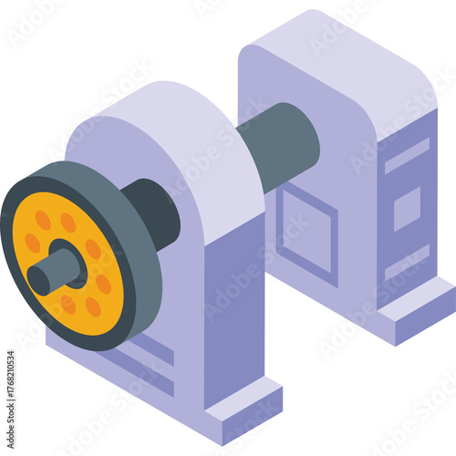 Isometric illustration of a complex industrial machine with a large wheel and cylindrical component in pastel purple and gray tones on a transparent background representing energy and power concepts