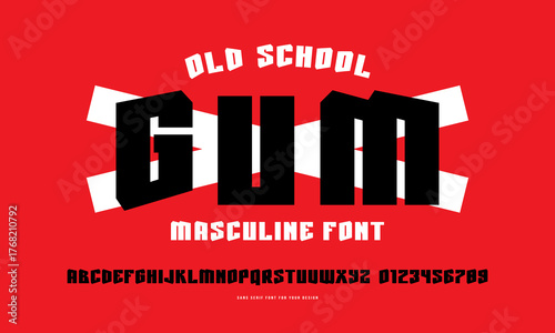 Decorative sans serif font in sport style. Letters and numbers for logo and emblem design. Color print on red background