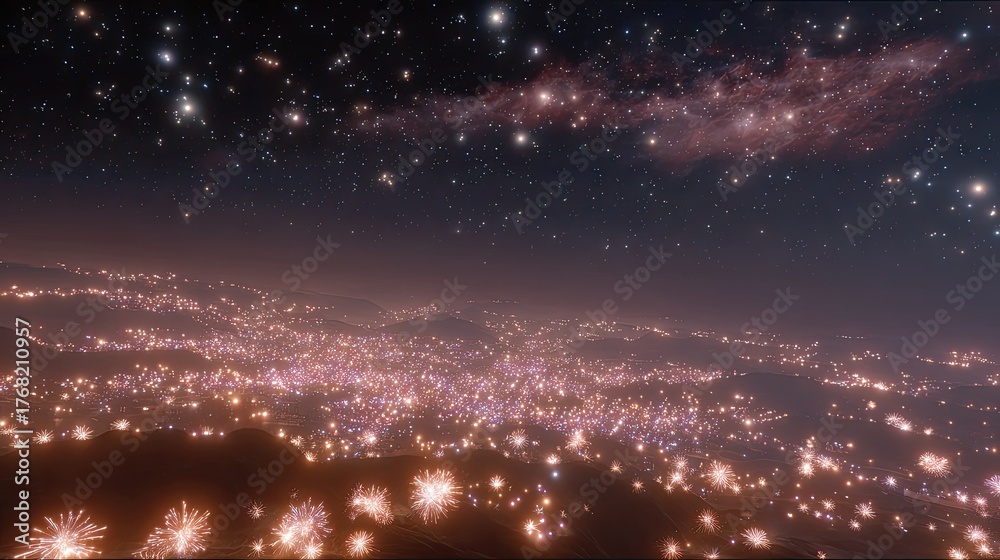 Naklejka premium Expansive Night Sky with Stars and Fireworks Illuminating a Cityscape Beneath a Vast Cosmic Background