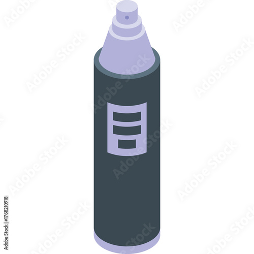 Isometric illustration of a dark gray spray bottle with a light purple cap and a rectangular label featuring horizontal lines