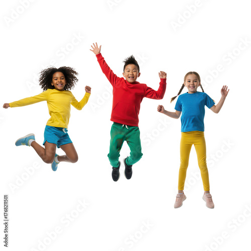 Diverse group of energetic children jumping for joy in vibrant clothing against a black background