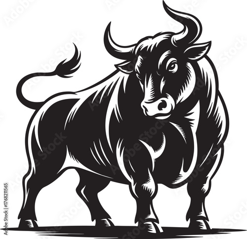 A powerful black bull standing with its head forward and tail curled in a stylized vector image