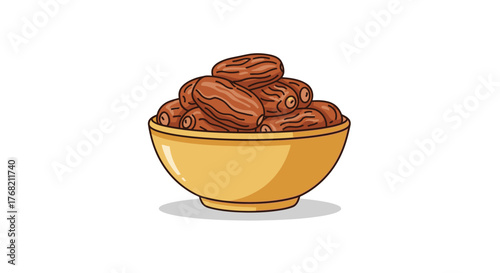 Illustration of a yellow bowl filled with pecans on a plain white background with soft shadowing.