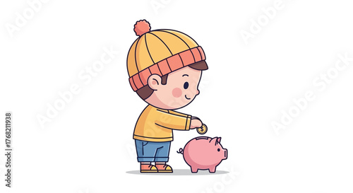 A cartoon boy in a yellow hat and orange sweater putting a coin into a pink piggy bank on a white background with a playful and educational mood.