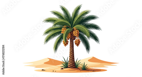 A cartoon palm tree with green leaves and yellow fruits standing on sandy dunes against a white background.