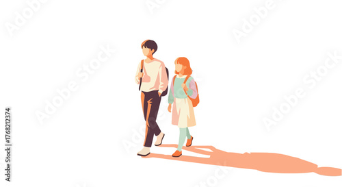 Illustration of a man and woman walking side by side with backpacks against a white background with long shadows.