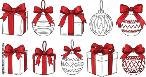 Collection of hand drawn christmas ornaments and gift boxes with red ribbons and bows