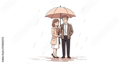 Illustration of a romantic couple standing under a pink umbrella on a rainy day with a simple white background.