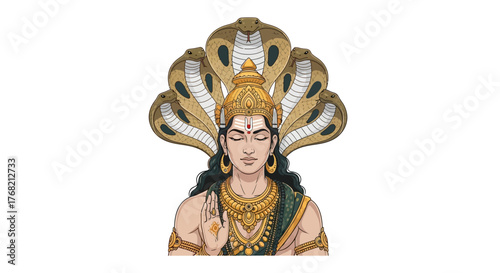 Illustration of a Hindu deity wearing ornate gold and white headdress with jewelry on a white background.