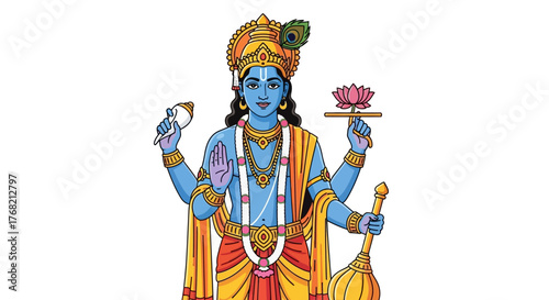 Illustration of a blue-skinned Hindu deity with four arms, holding various objects, wearing ornate jewelry and a crown, against a plain white background.