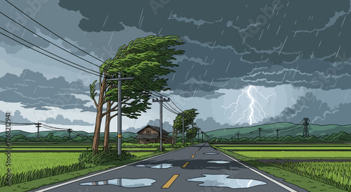 Digital illustration of a wet road leading to a house under a stormy sky with dark clouds and lightning in a rural landscape.