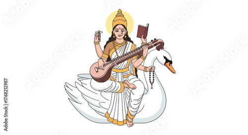 Illustration of the Hindu goddess Saraswati playing a veena while sitting on a swan with a serene expression and traditional attire.
