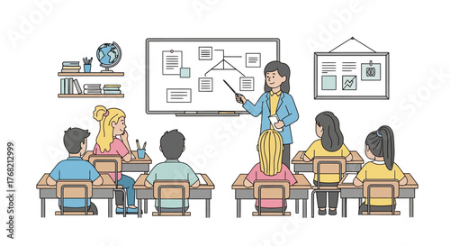 A teacher stands at the front of a classroom, presenting a lesson to a group of students sitting at desks, with a whiteboard and educational posters on the wall behind her in a colorful,