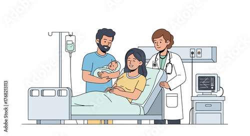 Illustration of a happy family with a newborn baby and a doctor in a hospital room with medical equipment.