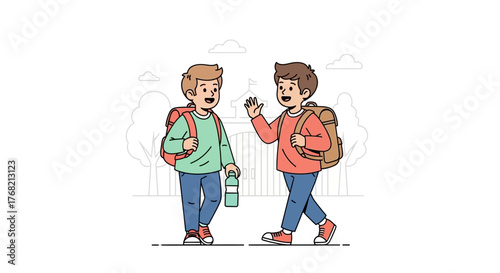 Two schoolboys walking and chatting while carrying backpacks and a water bottle on a simple, illustrative background.