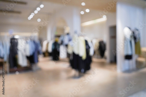 Abstract blur clothing boutique display interior of shopping mall background. blurred image background with clothing store.