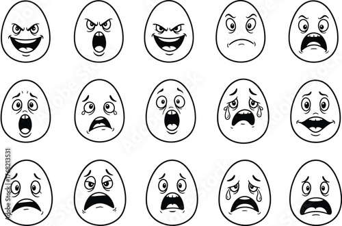 Collection of cartoon egg characters displaying a wide range of exaggerated emotions and facial expressions