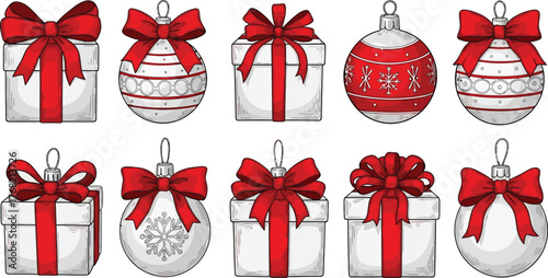Collection of festive red and white christmas ornaments and gift boxes with bows