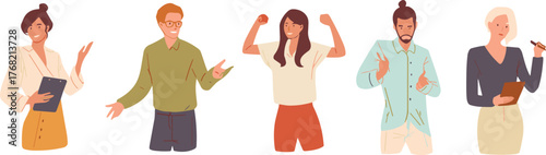 Diverse team illustration, expressive characters, workplace emotions, professional gestures, communication concept, teamwork poses, modern outfit, office people, flat design, vector art