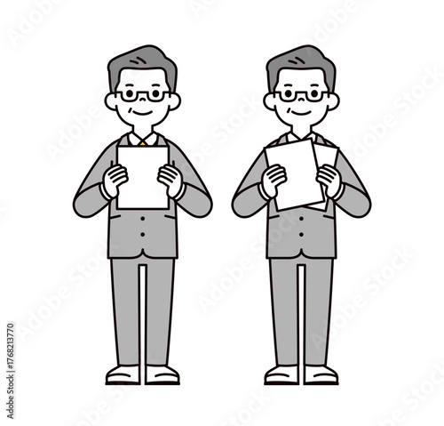 ホワイトスペースのある資料を持つ、シニア世代の社長・経営者の全身ベクターイラスト素材セット