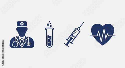 Illustration showing a doctor, test tube, syringe, and heart with a heartbeat line in dark blue color created with generated ai