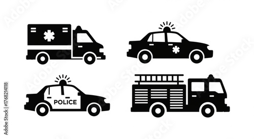 Illustration showing ambulance police car and fire truck emergency vehicles in black and white design style created with generated ai