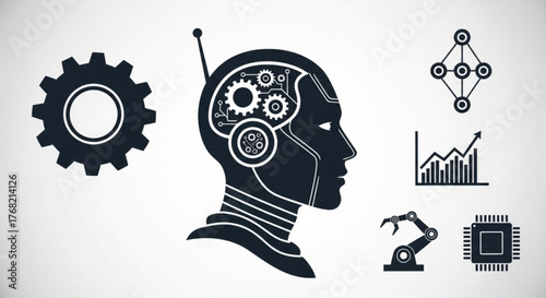 Illustration of a robot head with gears, a graph, a gear, and a robotic arm on a white background created with generated ai