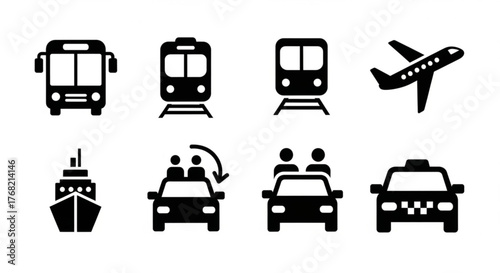 Illustration showing various modes of transportation including bus train airplane and taxi icon set created with generated ai