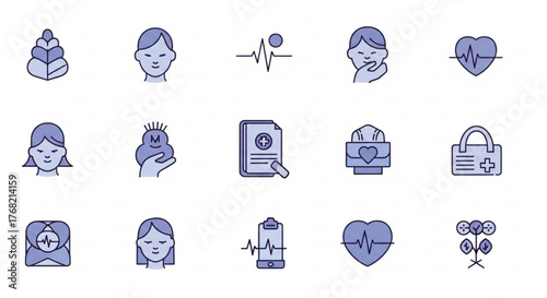 Illustration of various wellness and healthcare icons including people, heartbeats, and medical records created with generated ai