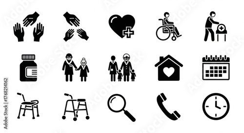 Illustration showing medical and care icons including hands, heart, family, wheelchair, and other care symbols created with generated ai
