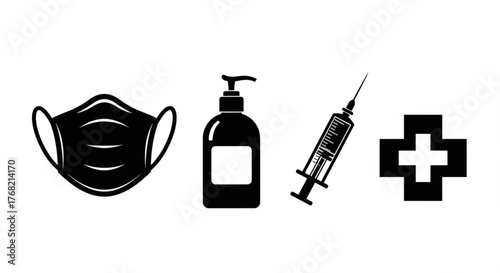 Black and white medical icons featuring a mask, sanitizer, syringe, and cross symbol in a row format created with generated ai