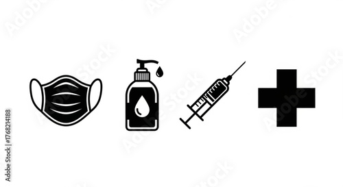 Black and white illustration of mask, sanitizer, syringe, and plus sign on a white background created with generated ai