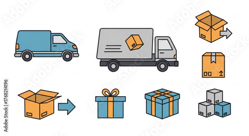 Illustration of delivery trucks and gift boxes with different shapes and sizes on a white background created with generated ai