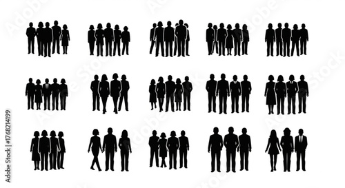 Silhouette illustration of diverse groups of people standing together in various arrangements and formations created with generated ai