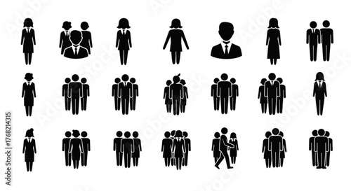 Collection of black silhouette icons representing individuals and groups of people in various arrangements created with generated ai