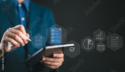 Accountant showing office document auditing concept, plan review process and assess correctness, Management of important document storage of organization, document system, accountant Audit document