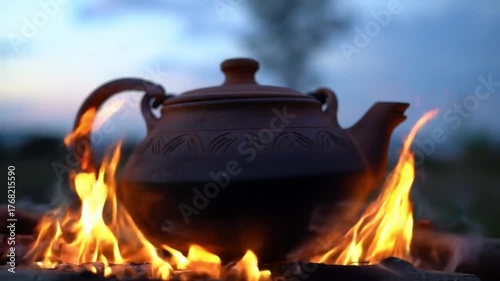 Clay teapot warming over a vibrant campfire at dusk, evoking rustic comfort and warmth.