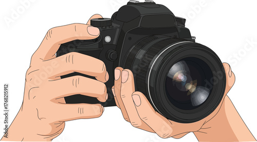 Hands holding a professional dslr camera ready to take a photograph with a wide lens