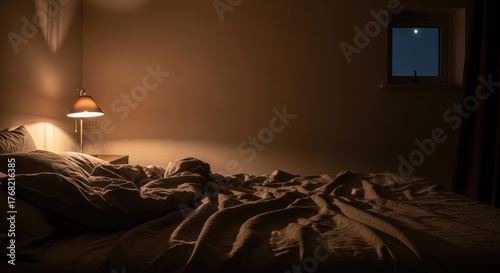 Cozy bedroom at night with soft lighting and moonlit window view