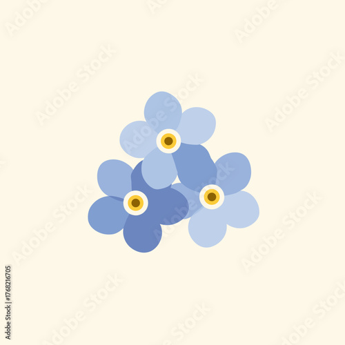 A minimal vector design featuring a cluster of three blue forget-me-not flowers with yellow centers on a soft cream background.