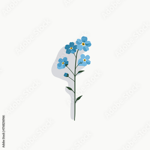 A minimalist vector illustration of a forget-me-not flower with delicate blue petals and small green leaves on a slender stem, set against a white background.