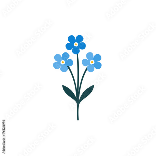 A clean and simple vector illustration of three blue forget-me-not flowers with small leaves on a green stem, on a white background.