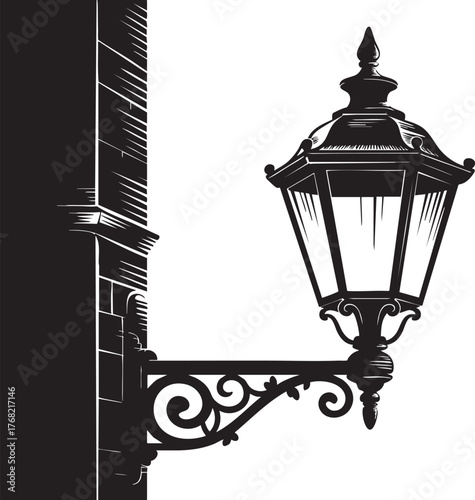A black and white illustration of an ornate street lamp attached to a building wall in silhouette