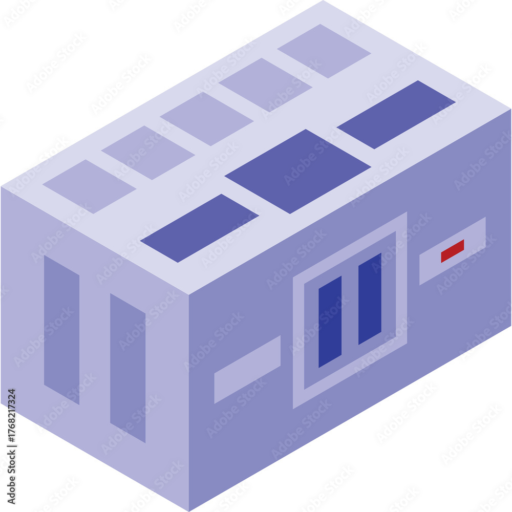 Fototapeta premium Isometric Illustration of a Light Blue Shipping Container With Dark Blue Windows and a Red Indicator Light Against a Transparent Background