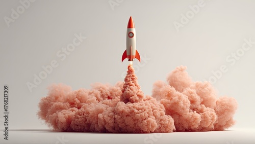 Fototapeta Naklejka Na Ścianę i Meble -  A white and red rocket ship blasting off in a peach-colored cloud against a plain background